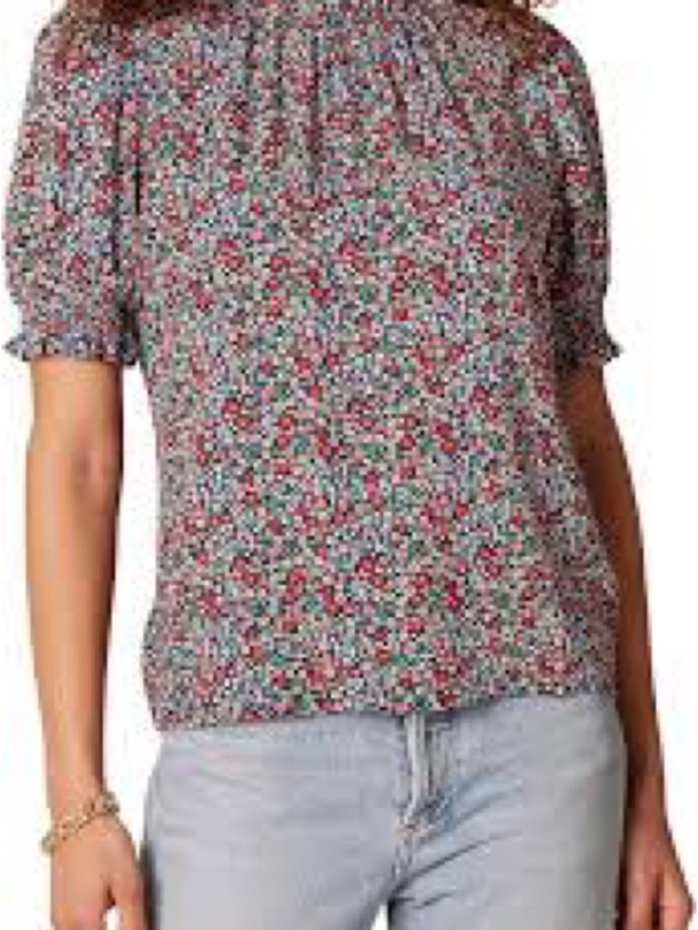 Amazon Essentials Floral Short Puff-Sleeve Peasant Top in Red Multi